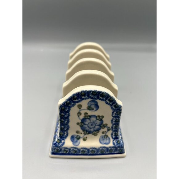 Boleslawiec Polish Ceramic Blue Floral Toast Rack Holder 4 slices or Mail Sorter - Picture 6 of 11
